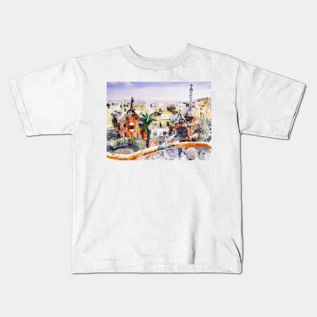 Barcelona Park Guell Watercolor Cityscape Kids T-Shirt by Marian Voicu